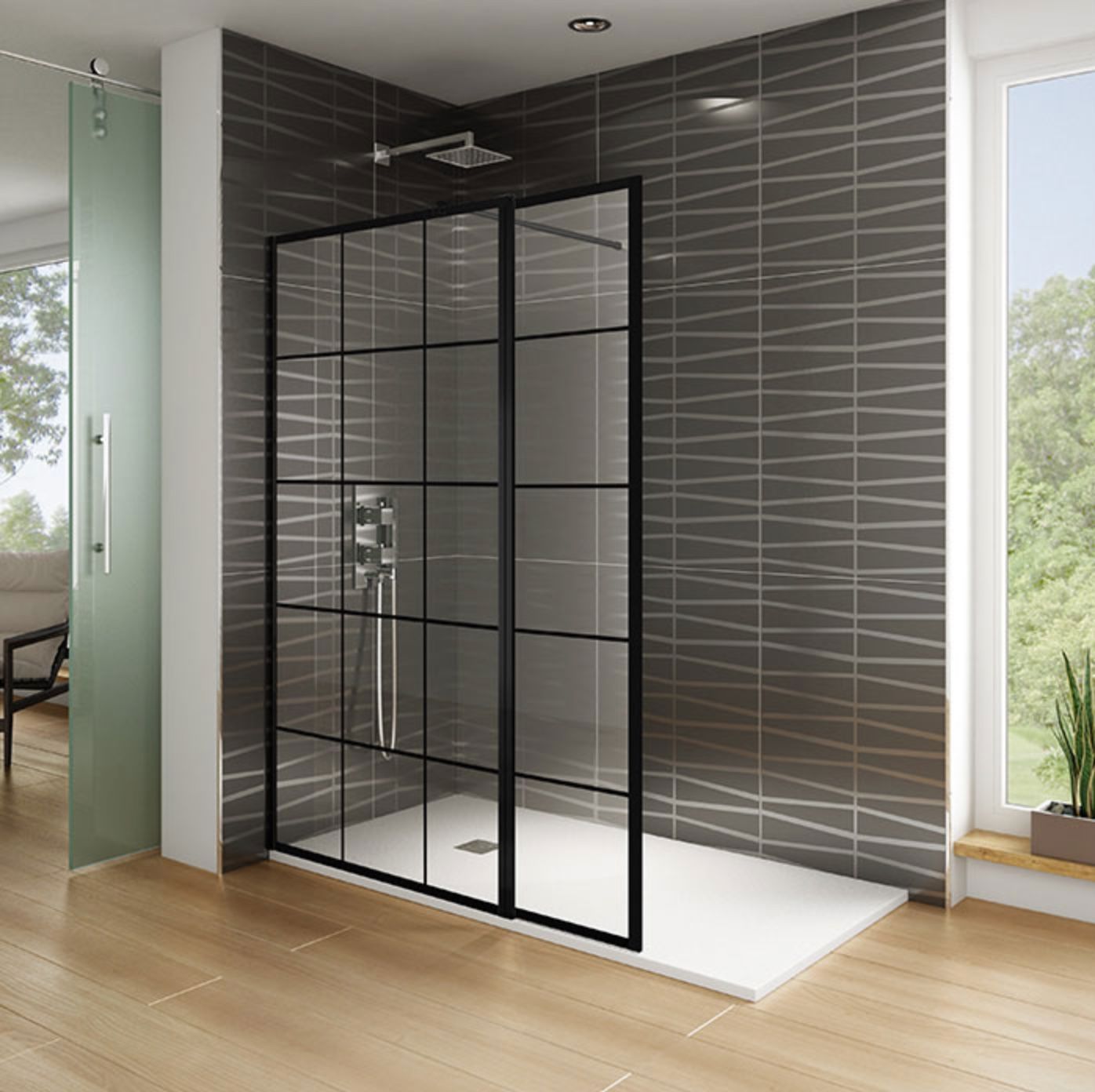 Doccia moderna con porte in vetro grigliato nero, pareti piastrellate grigie e piatto doccia bianco.