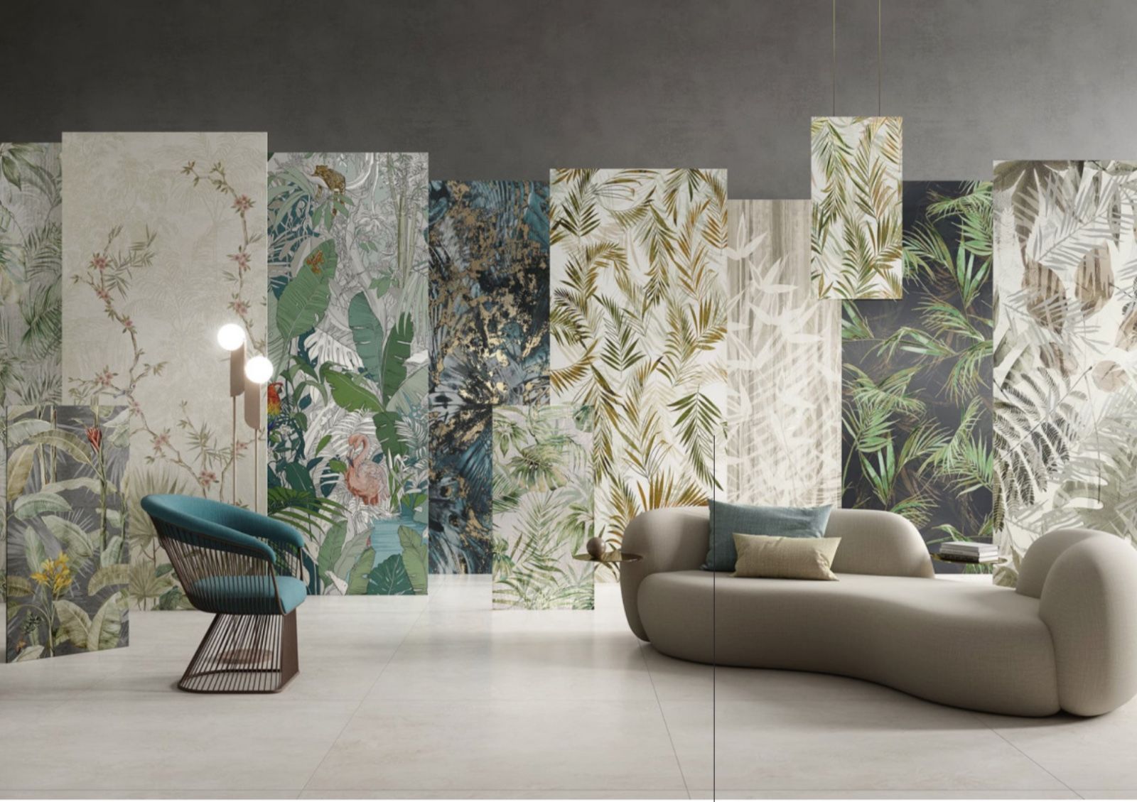 Pannelli con diversi motivi botanici a mosaico in un moderno spazio abitativo arredato.