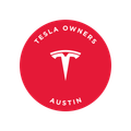 The logo for tesla owners austin is a red circle with a white t on it.