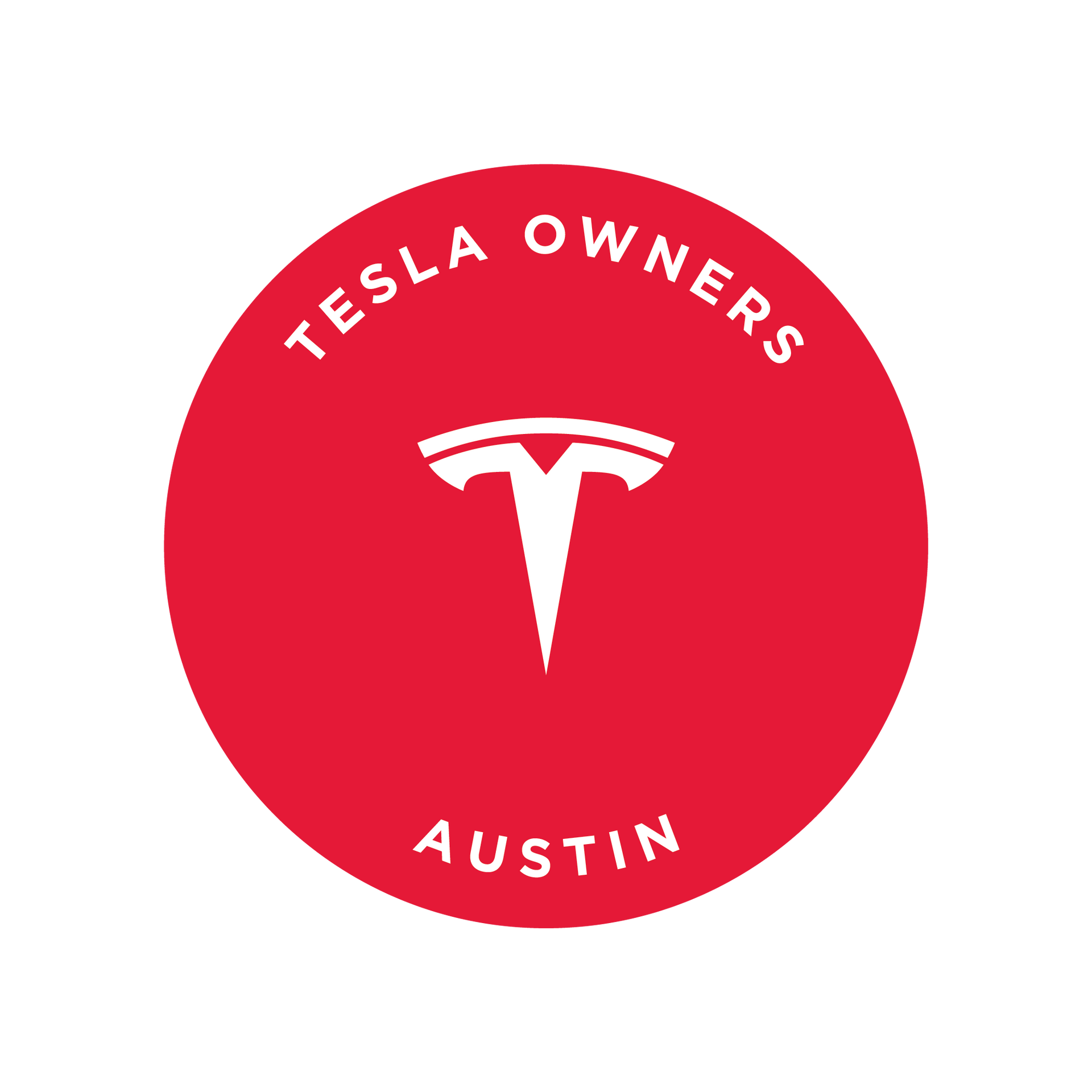 The logo for tesla owners austin is a red circle with a white t on it.