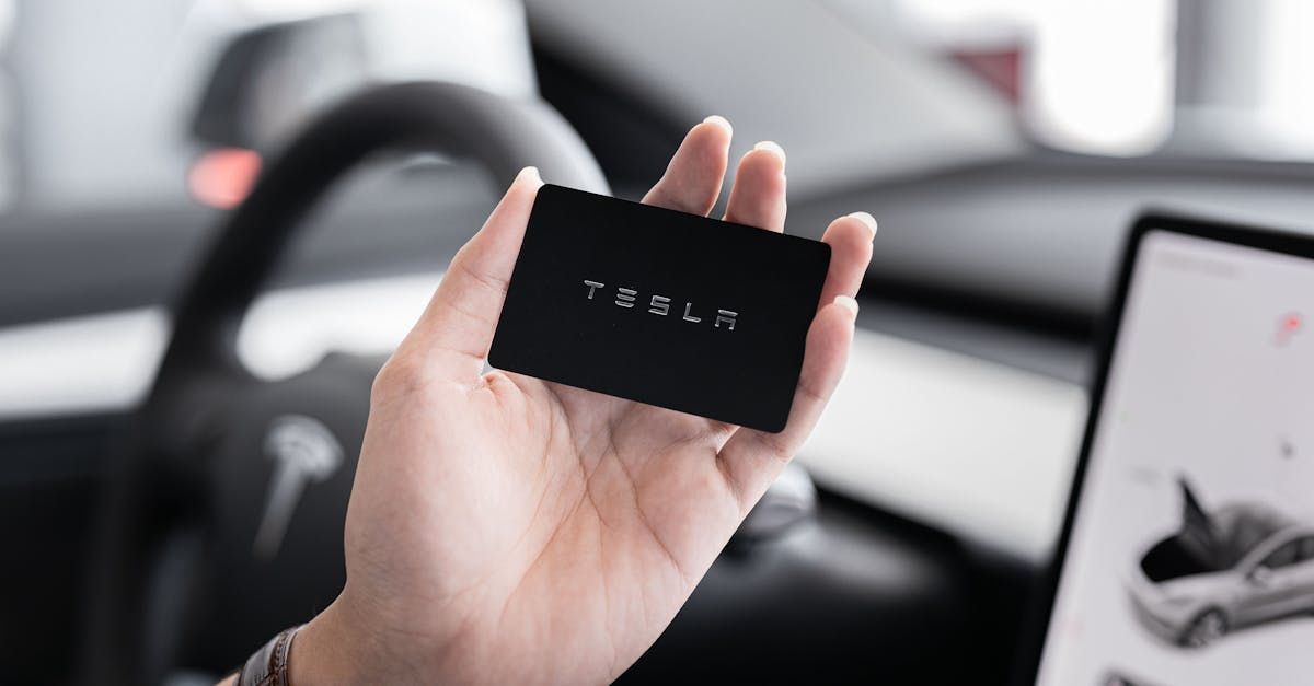 A person is holding a tesla card in their hand in a car.