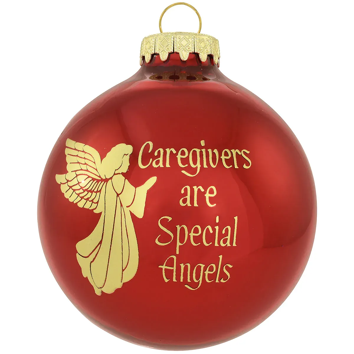 A red christmas ornament that says caregivers are special angels