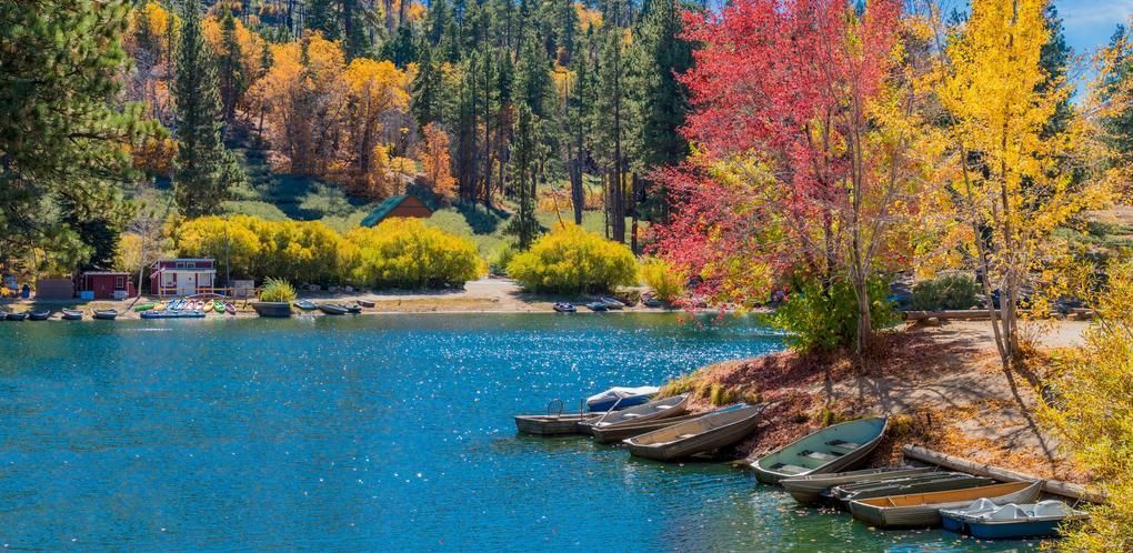 A lake surrounded by colorful autumn trees with boats docked near the shore.