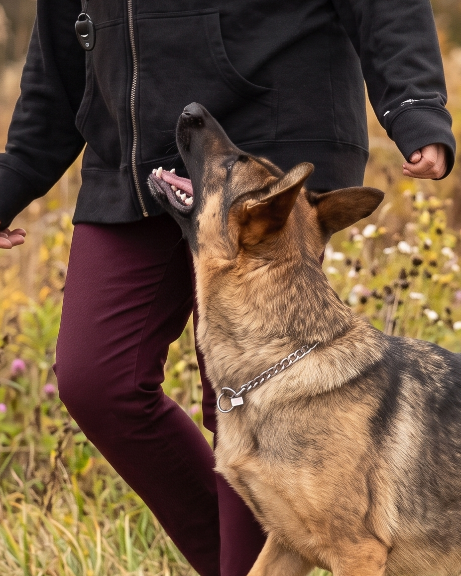 A lady and a dog is walking.
