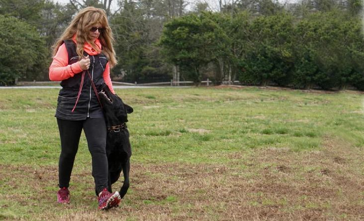 Woman in athletic wear walking a black dog in a grassy park.
