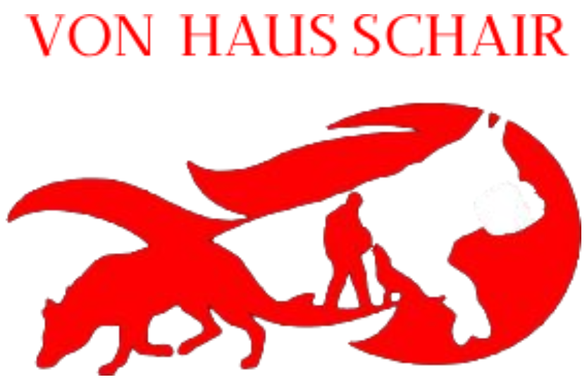 Red and white logo with a dog and person silhouette,