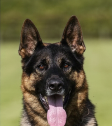 German Shepherd dog with black and tan fur, panting with tongue out, against a green background.
