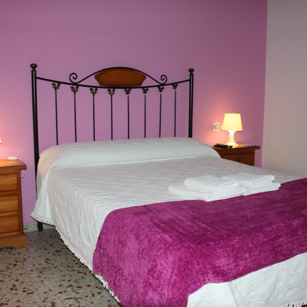 A bedroom with pink walls and a bed with a purple blanket