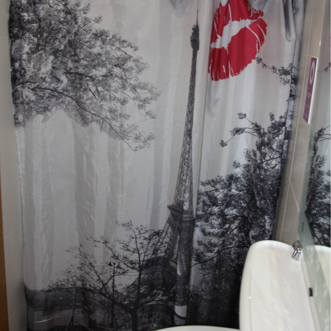 A bathroom with a shower curtain that has the eiffel tower on it