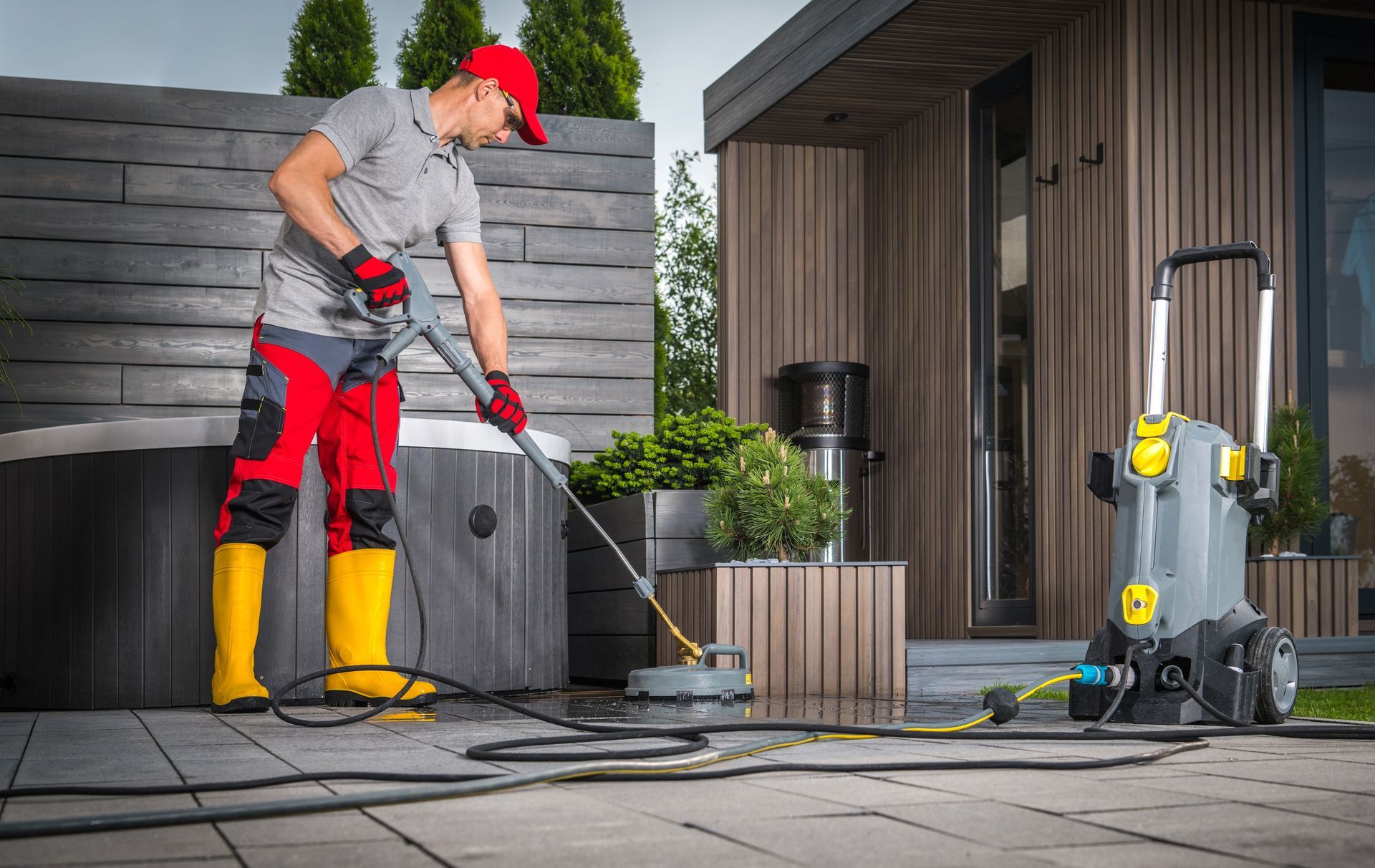 A man is cleaning a patio with a high pressure washer.