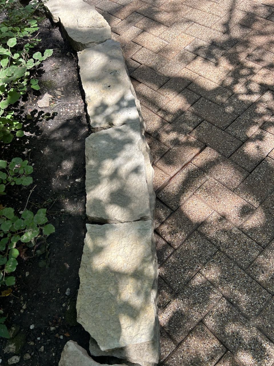 A brick walkway with a stone wall and shadows of trees on it.