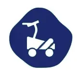 A blue and white icon of a shopping cart on wheels.