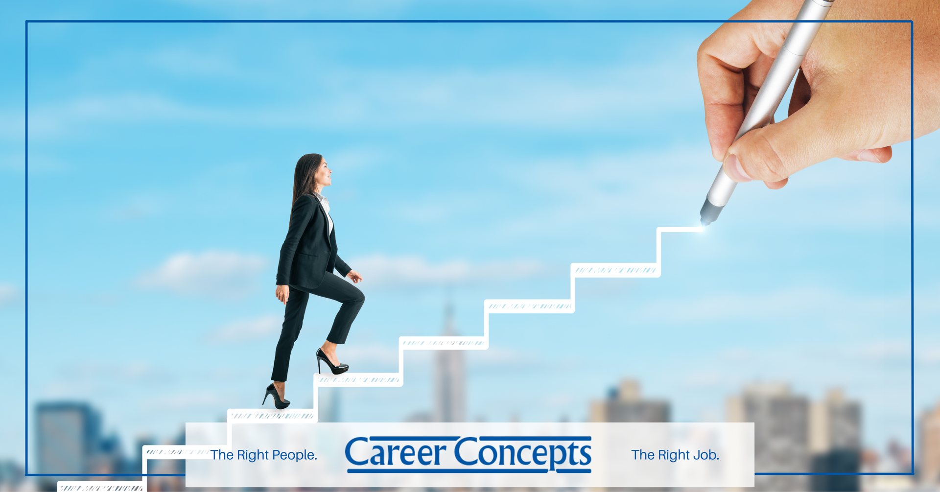 Professional woman climbing illustrated steps symbolizing career growth with a hand drawing the path