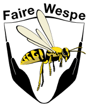 Ein Logo für Faire Wespe mit zwei Händen, die eine Wespe halten.