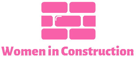 A pink logo for women in construction with a brick wall in the background.