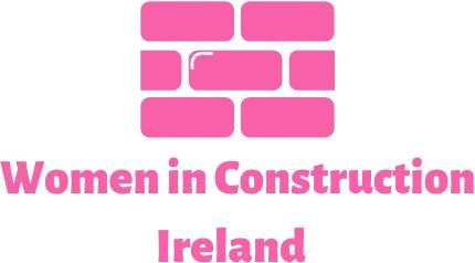 A pink logo for women in construction with a brick wall in the background.
