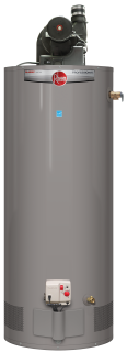 A gray water heater is sitting on top of a white surface.