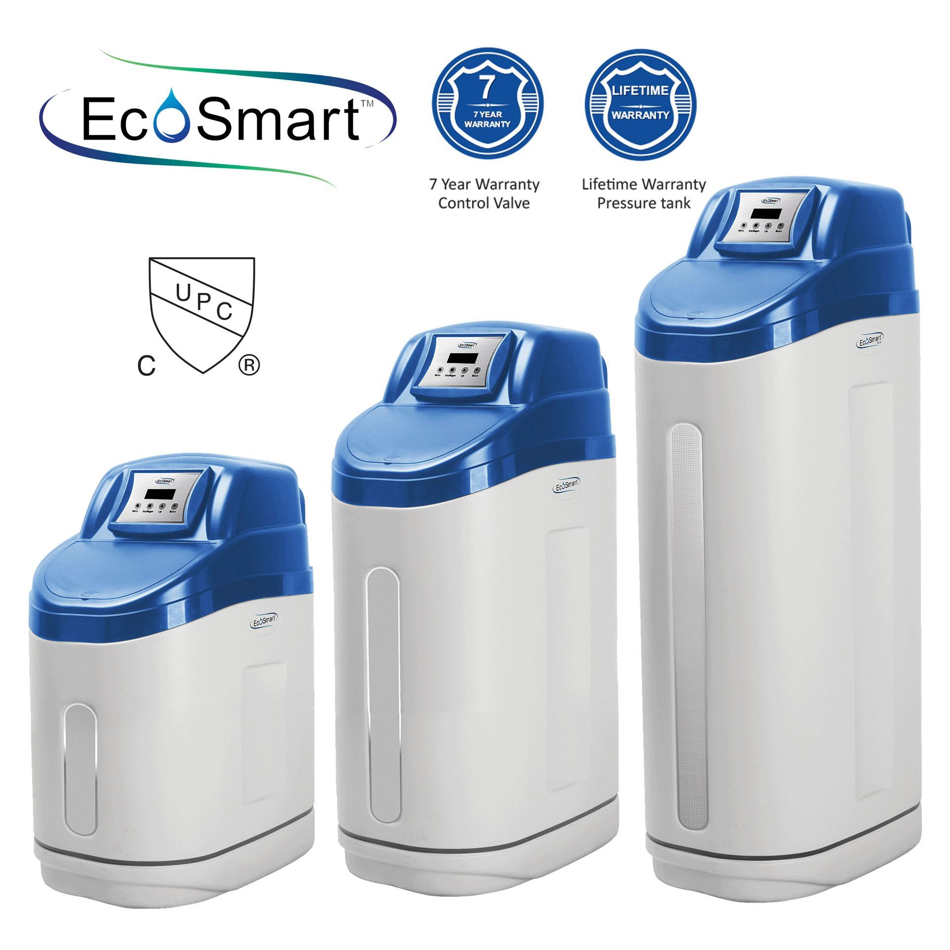 Three water softeners are sitting next to each other on a white background.