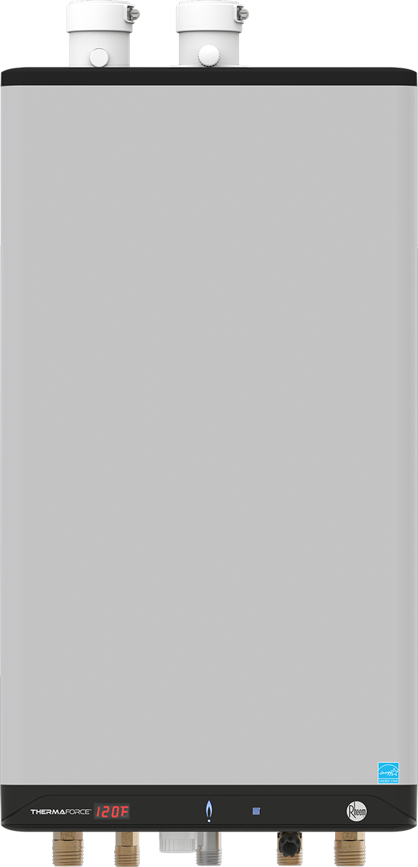 A stainless steel water heater is shown on a white background.