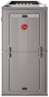 A rheem air conditioner is sitting on top of a white surface.