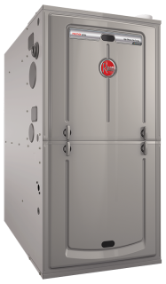 A gray refrigerator with a red logo on it