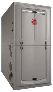 A gray refrigerator with a red logo on it
