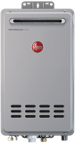 A gray water heater with a red button on the front.