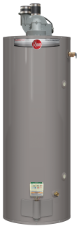 A gray water heater is sitting on a white surface.