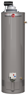 A gray water heater is sitting on a white surface.
