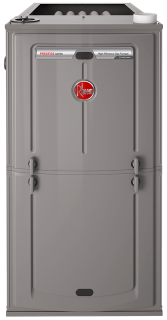 A rheem air conditioner is sitting on top of a white surface.