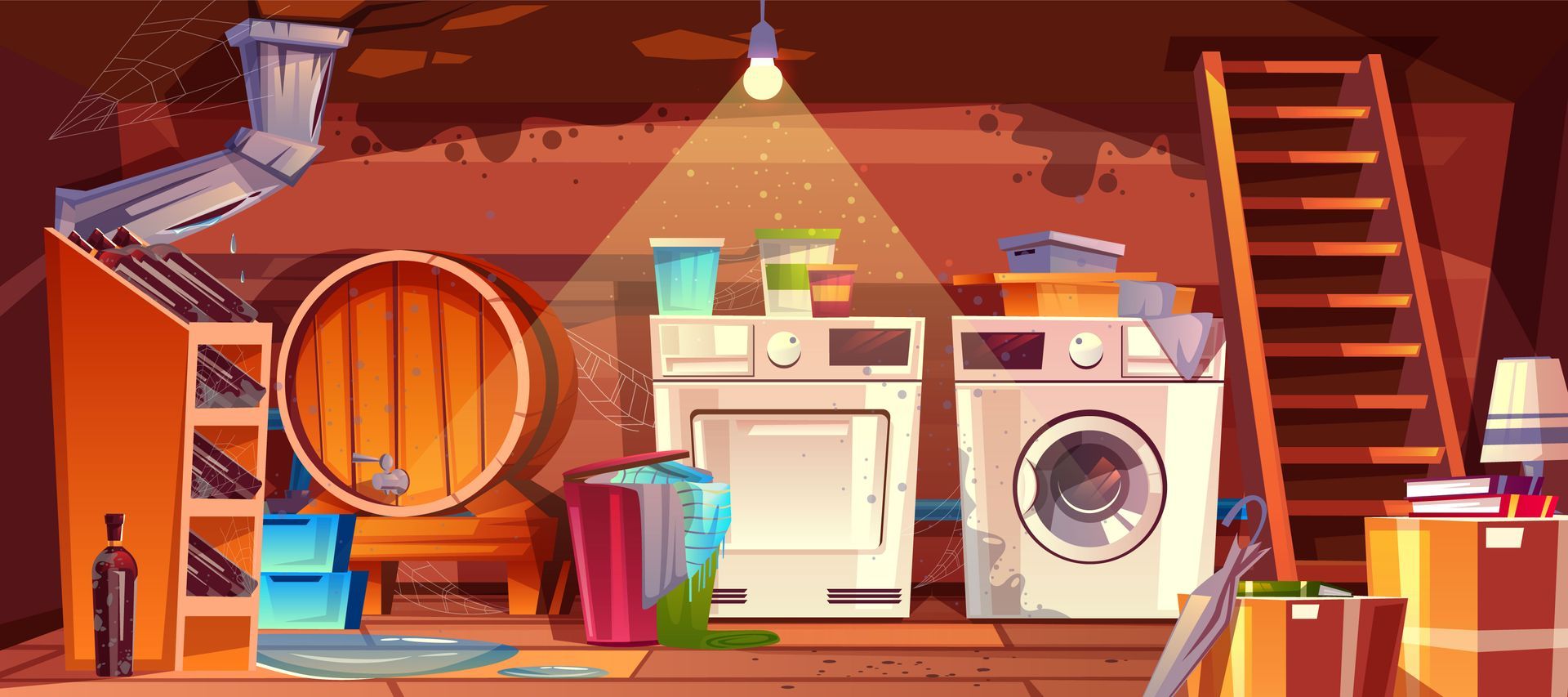 a cartoon illustration of a dirty basement with a washing machine , dryer , and barrels .
