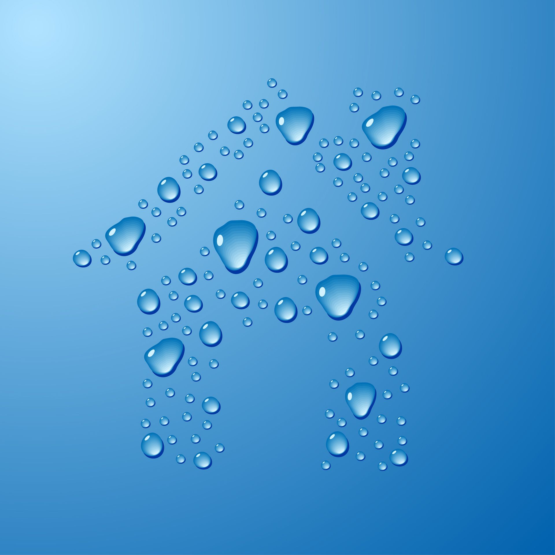 The letter r is made of water drops on a blue background