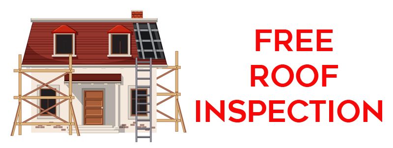 A house under construction with a ladder on the roof and the words `` free roof inspection ''.