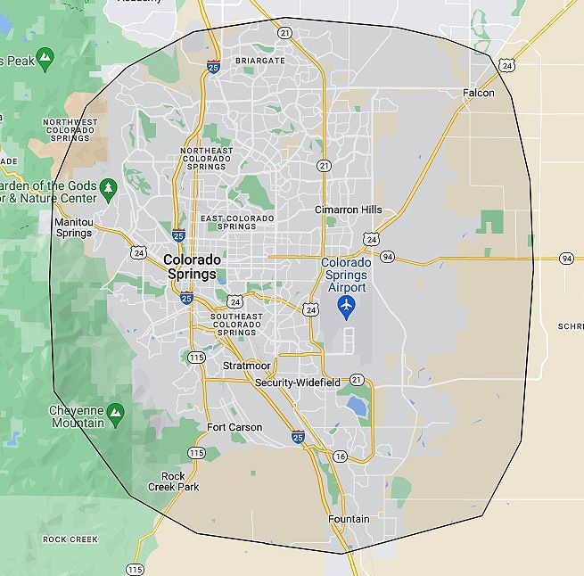 A map of colorado springs with a circle around it