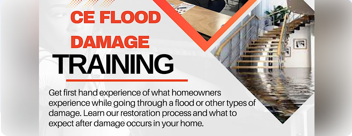 A poster for ce flood damage training with a picture of a house and stairs.