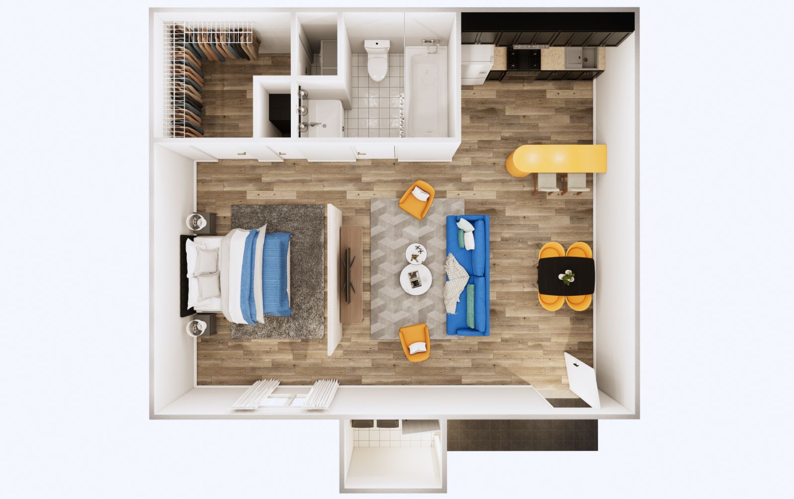an aerial view of a bedroom and living room