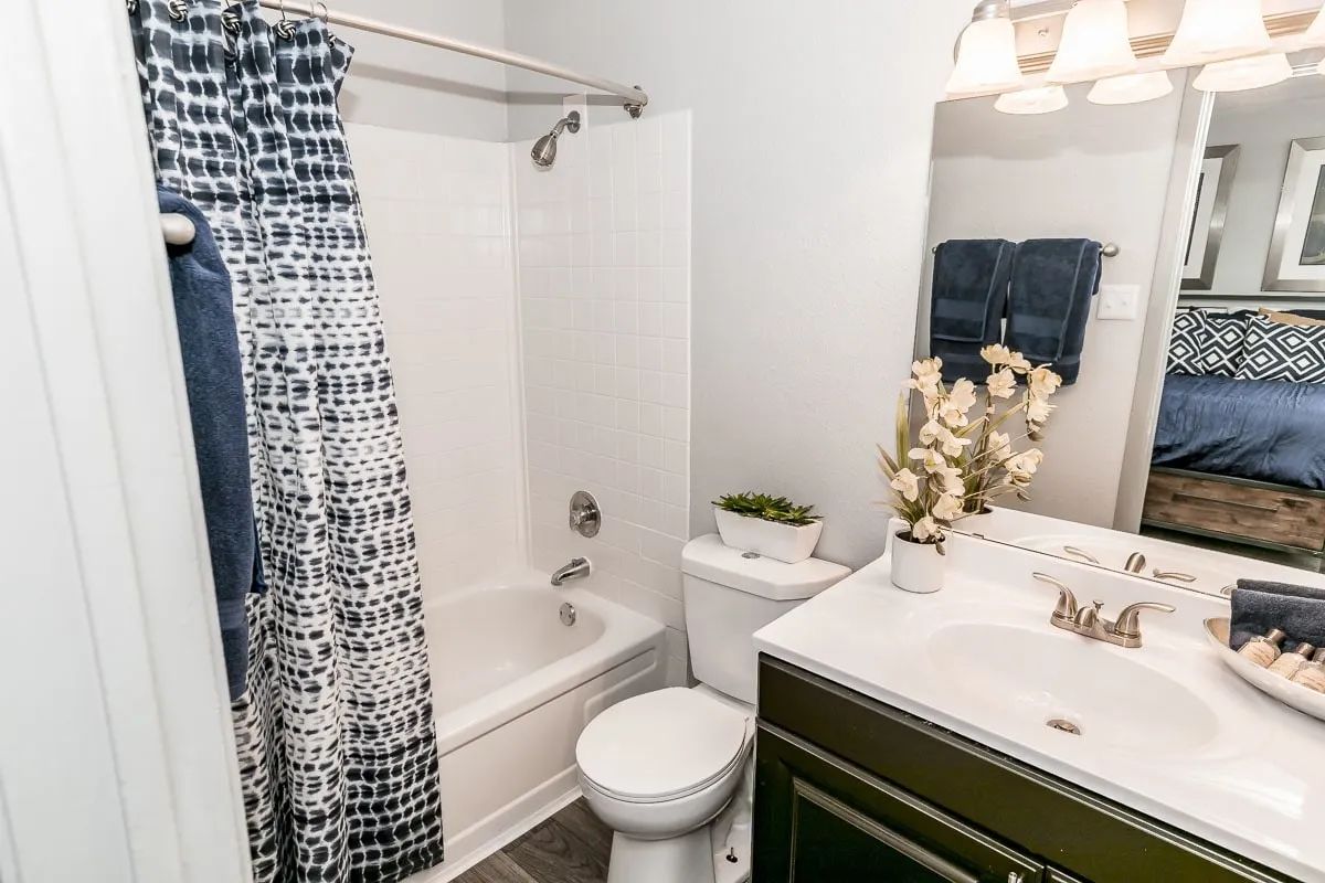a bathroom with a black and white shower curtain