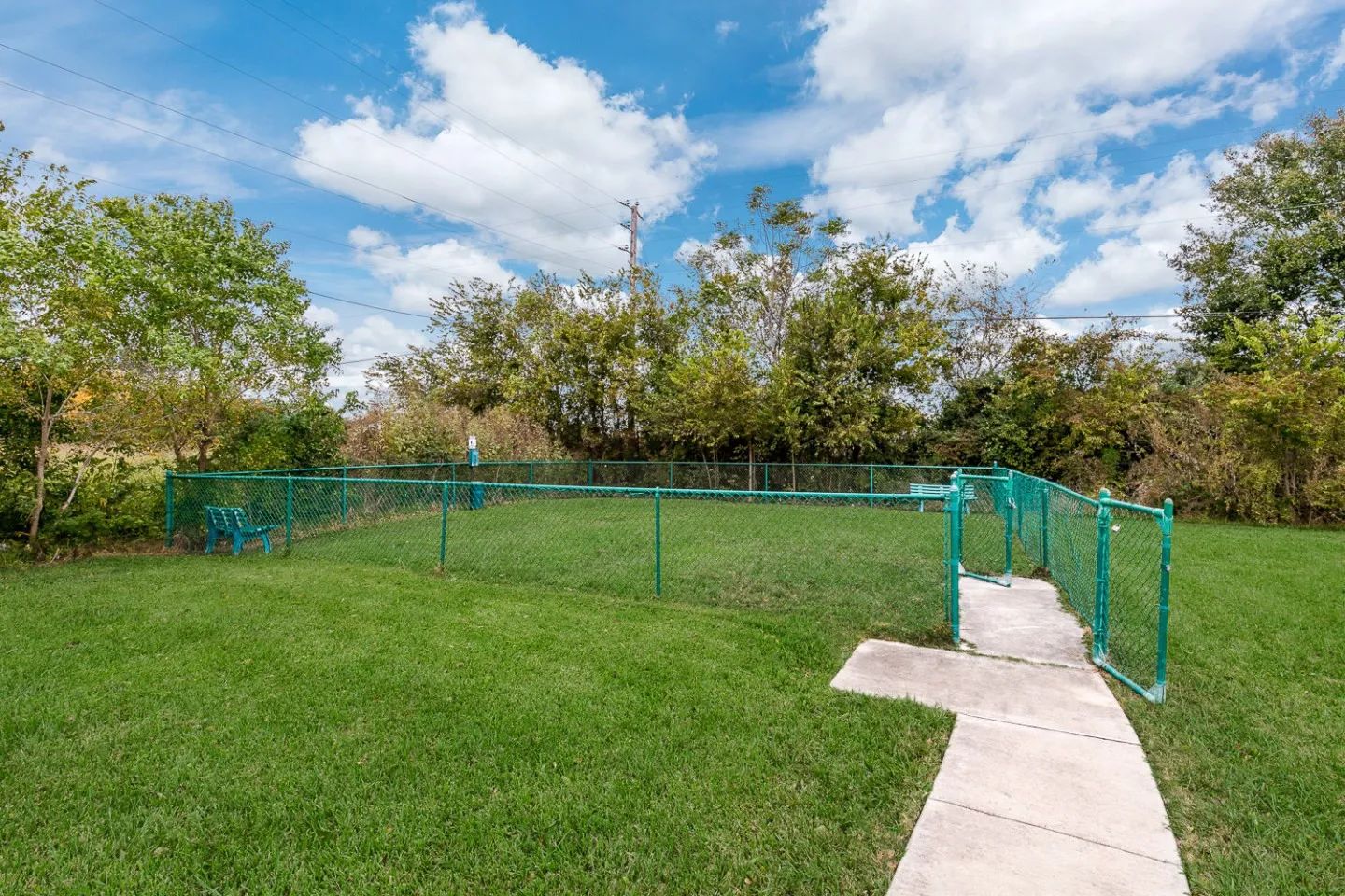 a dog park with a chain link fence and a bench