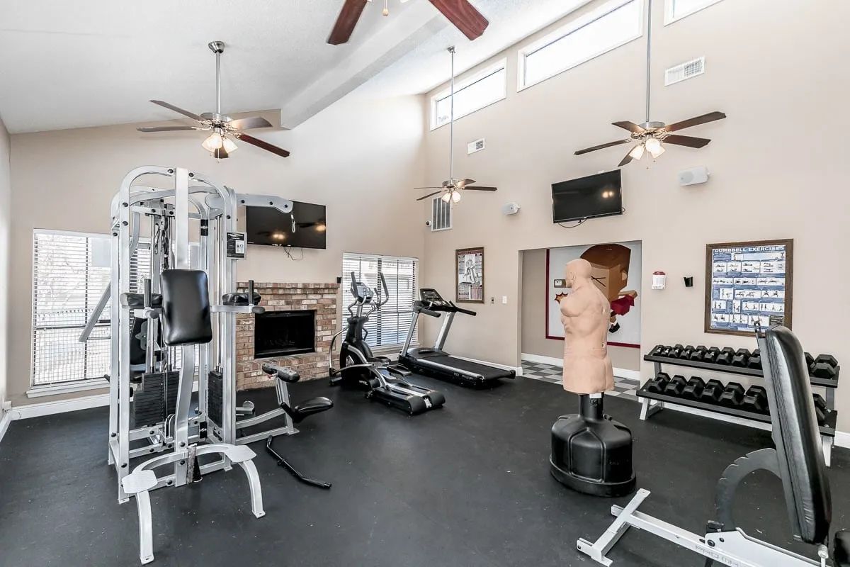 a gym with a fireplace and a boxing bag