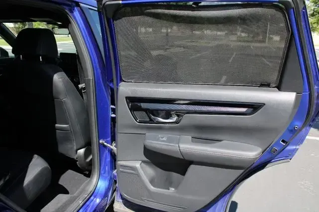 The back door of a blue car with the sun shades on the windows.