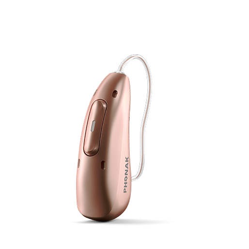A phonak hearing aid is sitting on a white surface.