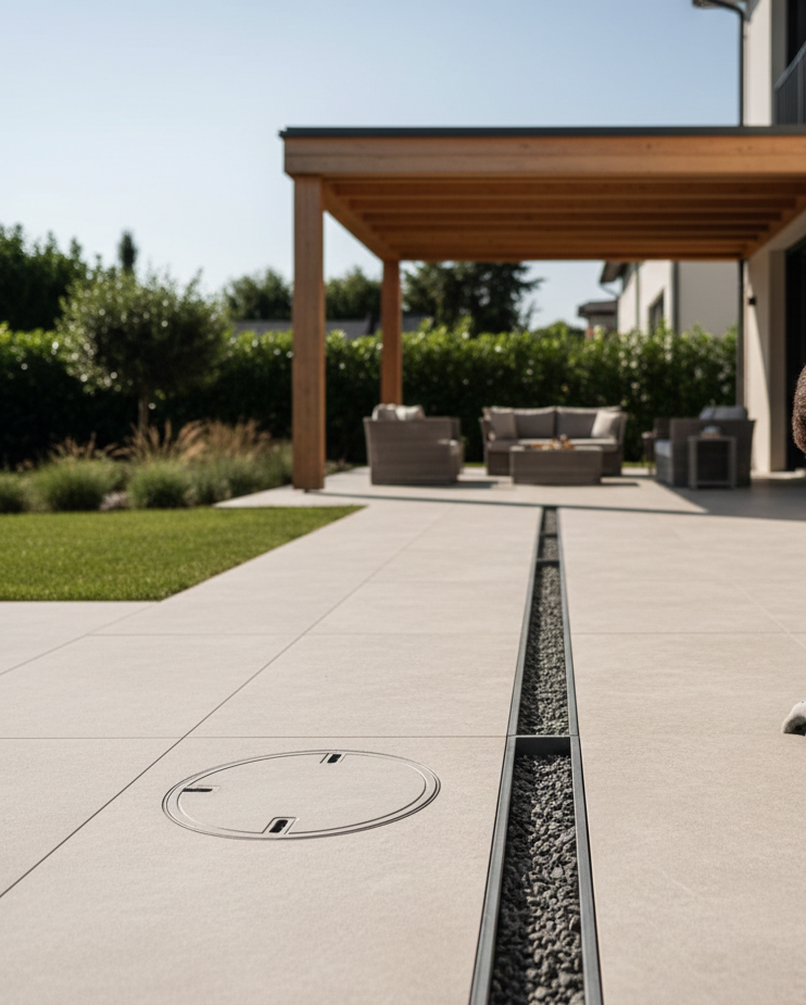 Patio esterno con scarico lineare, pavimentazione in pietra e pergolato in legno, che conduce a un'area salotto.