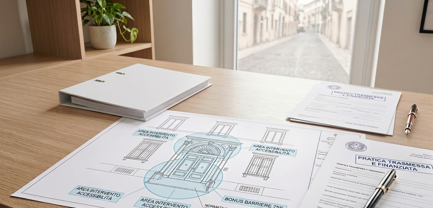 Una scrivania con progetti architettonici, un raccoglitore e una penna. Una scena di strada visibile attraverso la finestra.