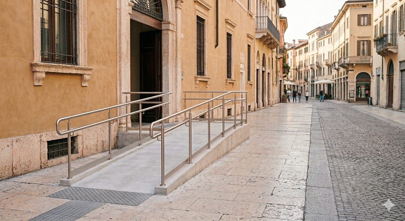 Rampa con corrimano che conduce all'ingresso di un edificio su una strada acciottolata.