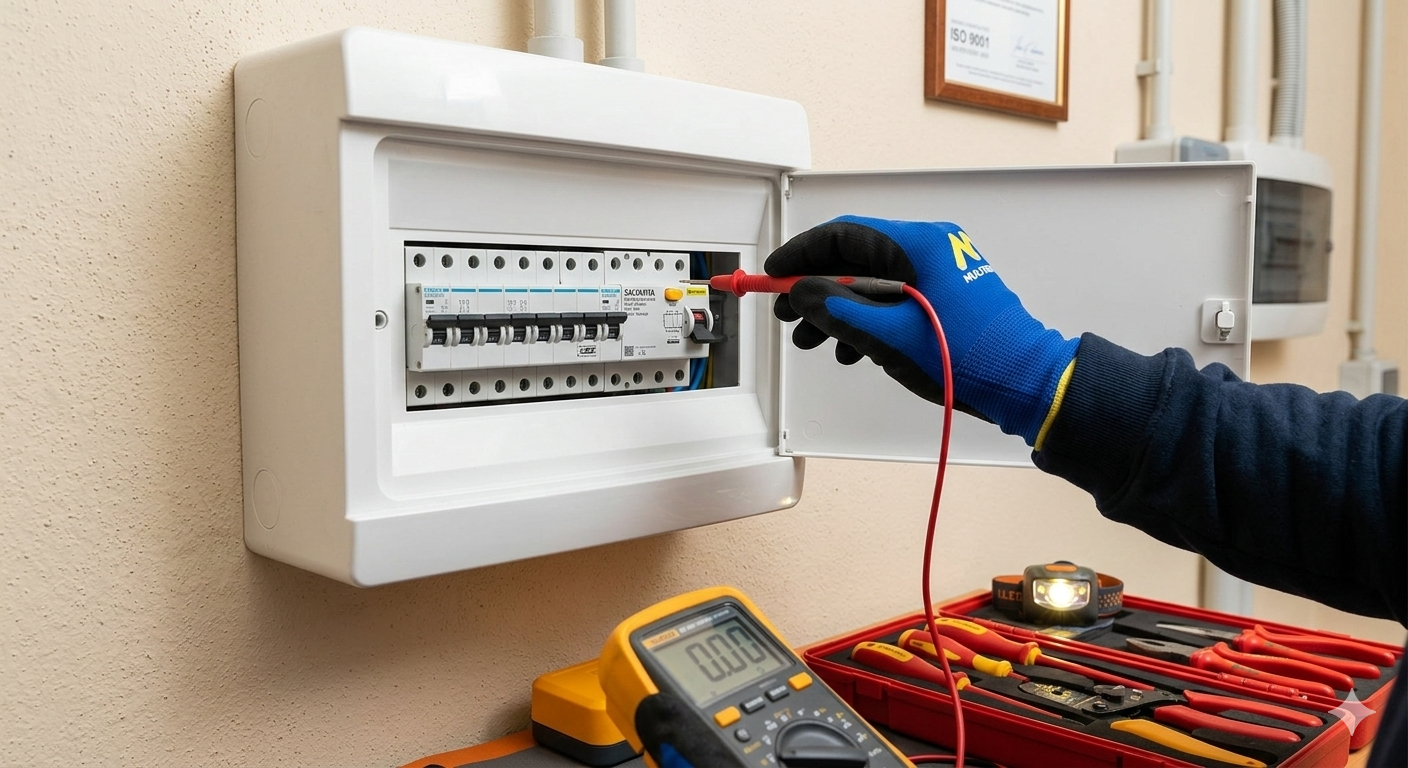 Elettricista che testa l'interruttore automatico con un multimetro all'interno del quadro elettrico.