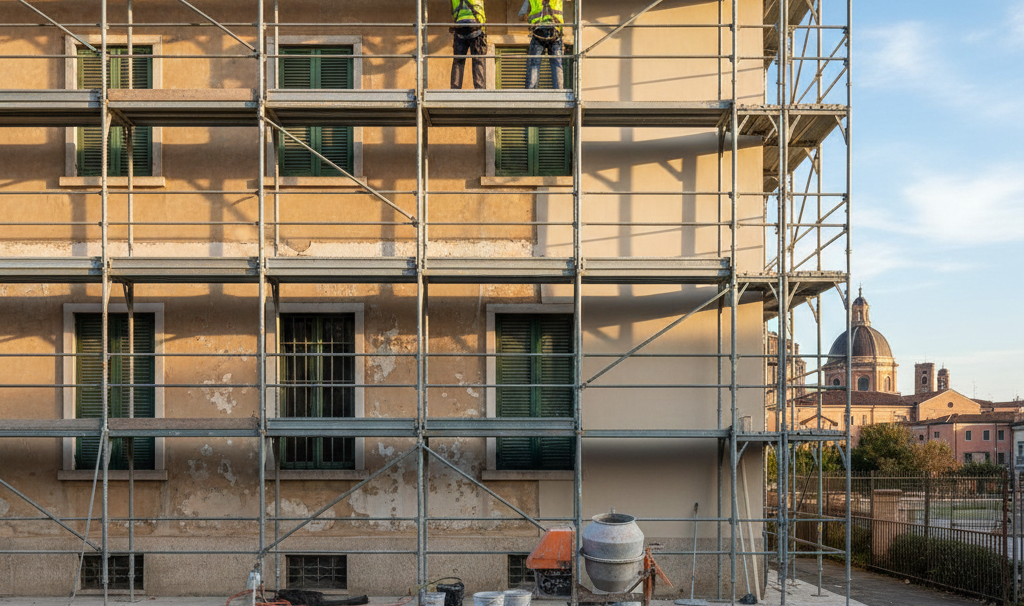 Operai edili su impalcature al lavoro su un edificio beige con finestre; sullo sfondo un altro edificio e il cielo.