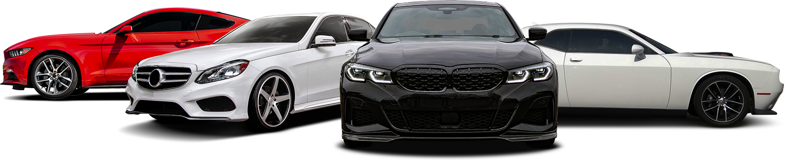 Red car, two white cars, and black car parked | Andrew's Automotive Repair