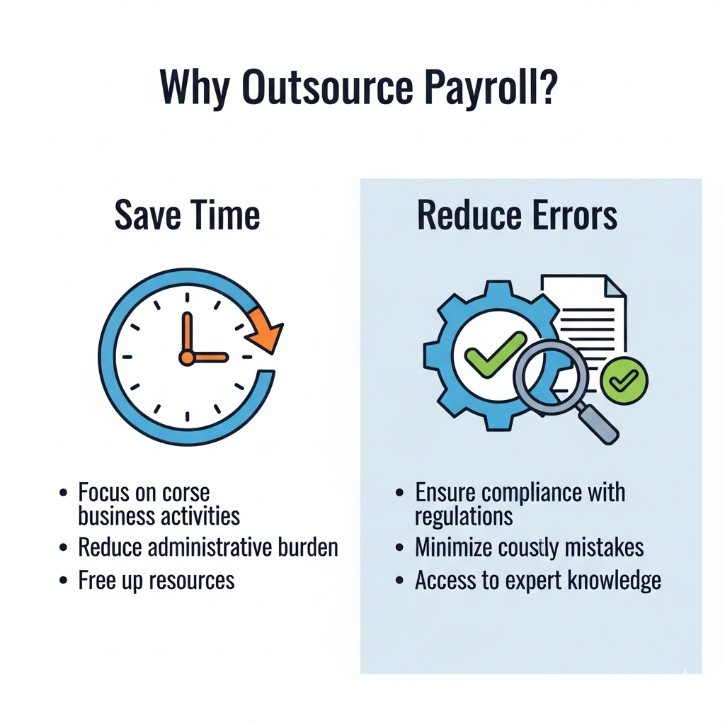 Infographic on the benefits of outsourcing payroll, highlighting how it saves time and reduces errors for small businesses.