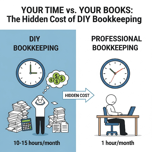 Infographic comparing time spent on DIY bookkeeping (10-15 hours/month) vs. professional bookkeeping (1 hour/month) for small businesses, highlighting the hidden cost of DIY.