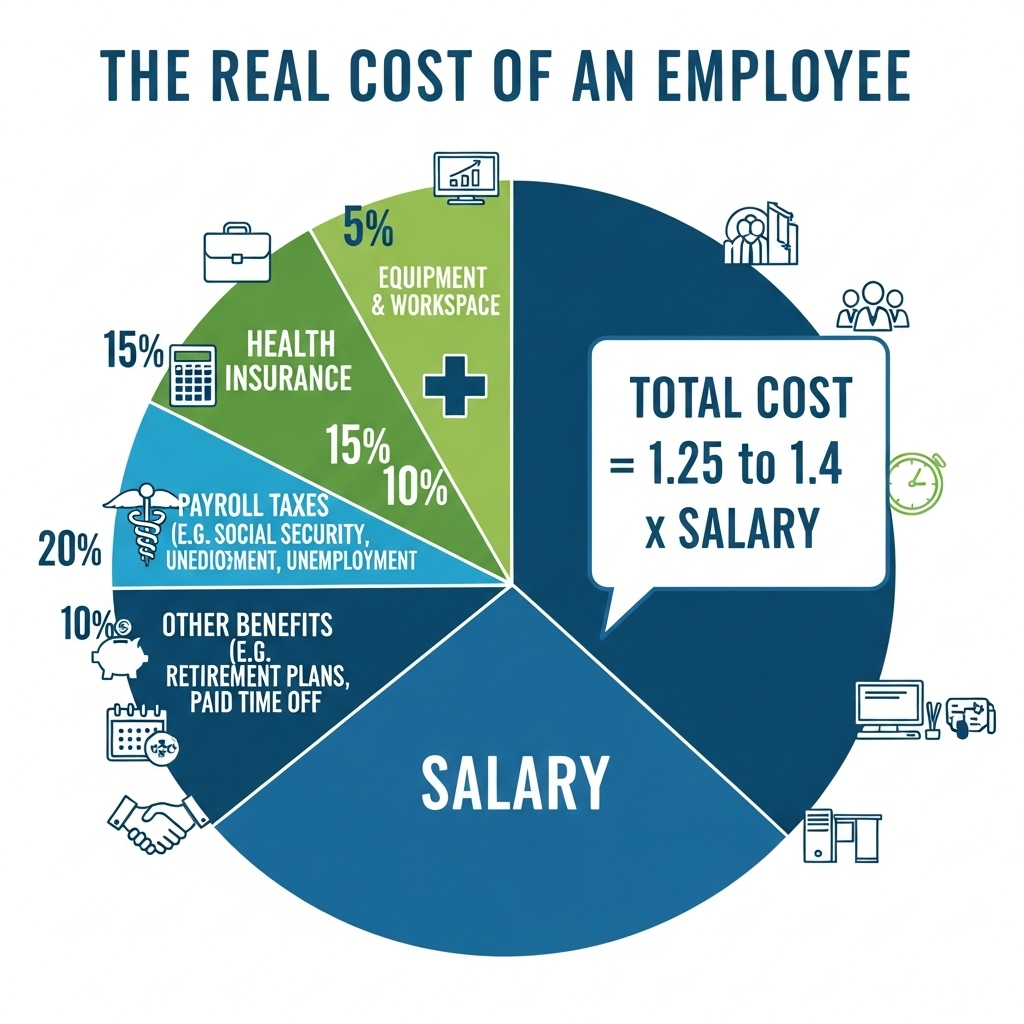 Infographic illustrating the total cost of an employee, showing how taxes and benefits add 25-40% to their salary.